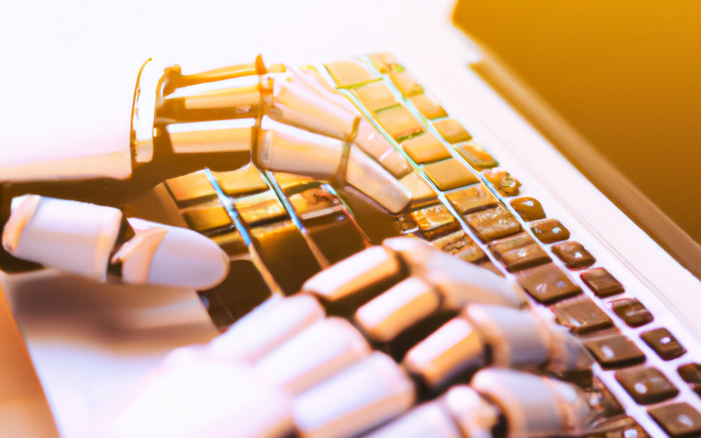 Robot with hands on laptop.