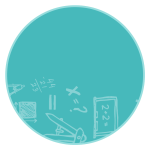 Teal circle with school supply icons inside.