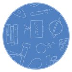 Blue circle with school supply icons inside.