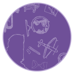 Purple circle with school supply icons inside.