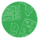 Green circle with school supply icons inside.