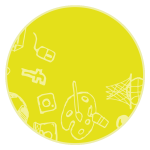 Yellow circle with school supply icons inside.
