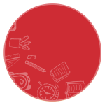 Red circle with school supply icons inside.