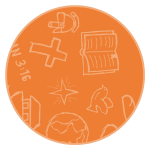 Orange circle with school supply icons inside.