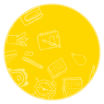 Yellow circle with school supply icons inside.