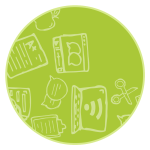 Yellow green circle with school supply icons inside.
