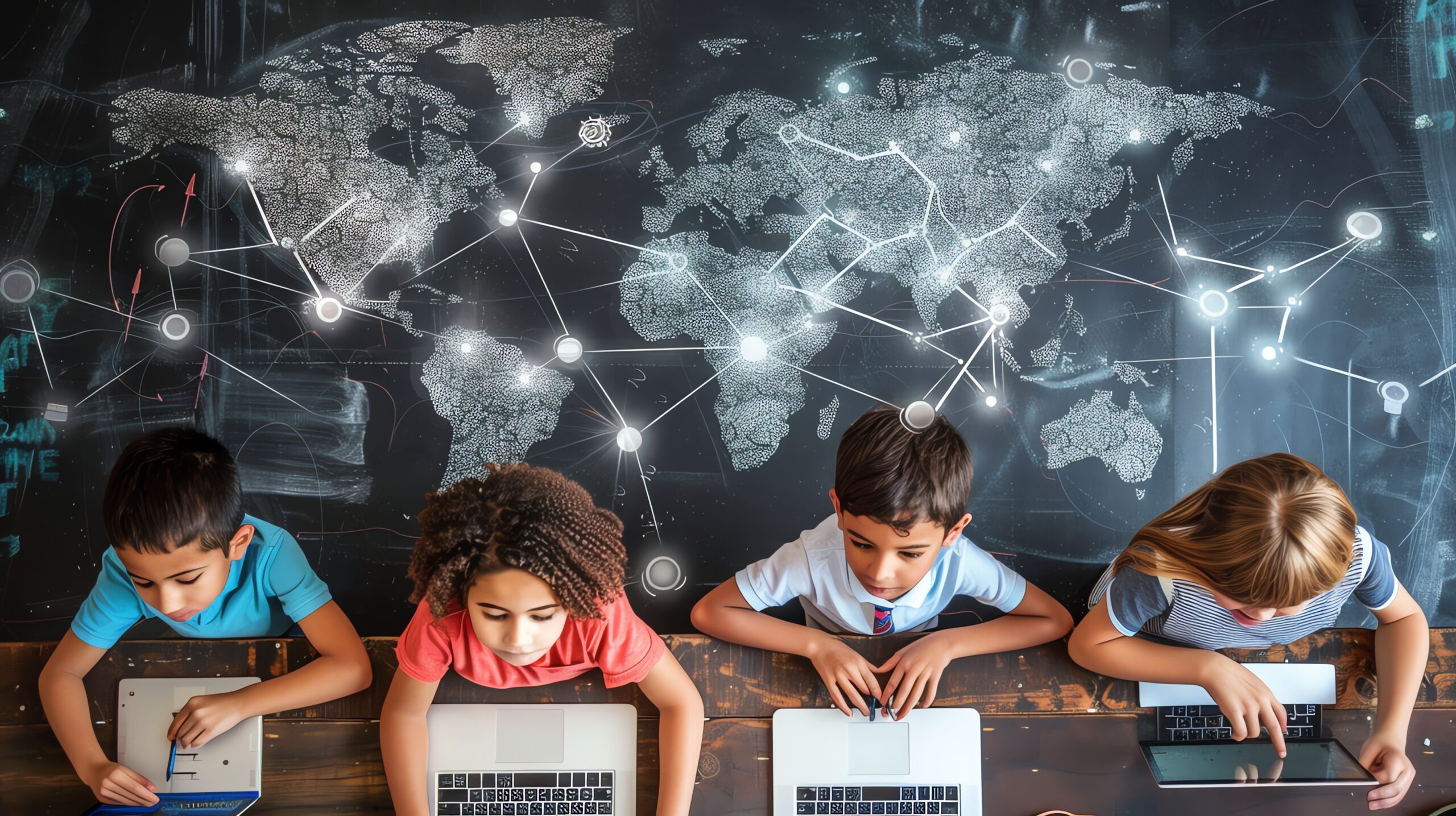 children sitting at desk with laptops in front of them. graphic of world behind them with connecting dots.
